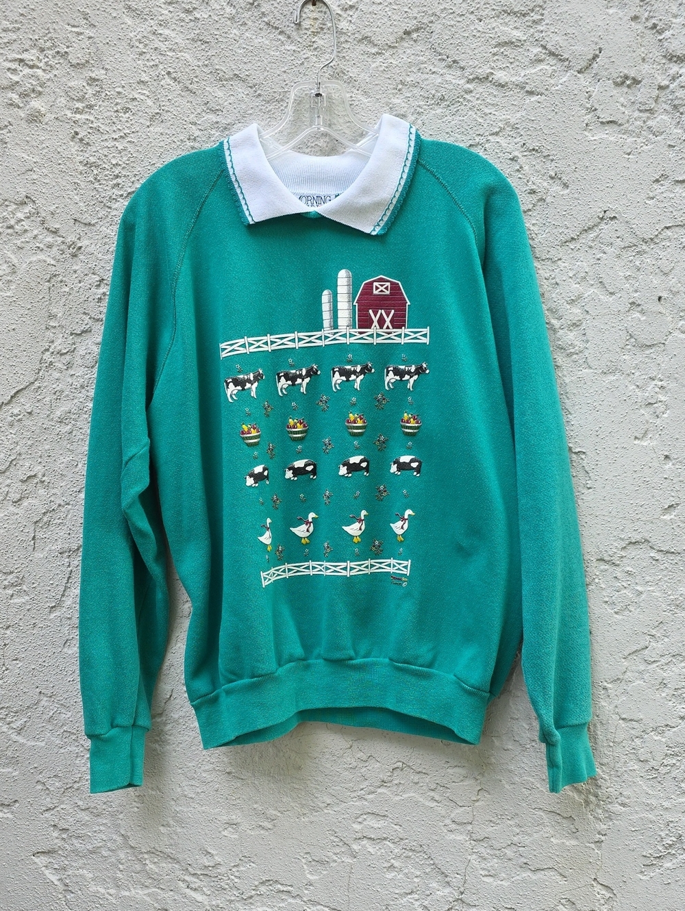 Vintage Grannycore Farm Cow Pig Print Crewneck Sweatshirt With Collar Size XL